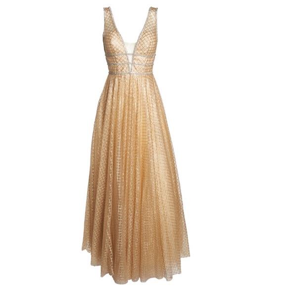 # Mac Duggal Gold Sequin Illusion Neck A Line Gown - Picture 17 of 17